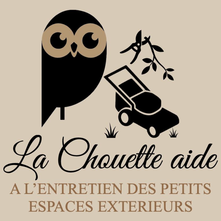 Entretien des petits extérieurs Logo de "La Chouette aide" avec une tondeuse à gazon et un sécateur.