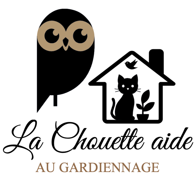 Gardiennage Logo de La Chouette avec une maison, un chat, une plante et un oiseau.
