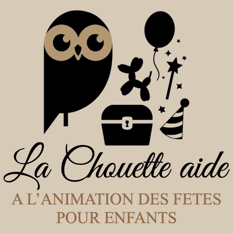 Animation des fêtes pour enfants Logo de "La Chouette aide" avec des ballons sculptés et des éléments de fête pour enfants.
